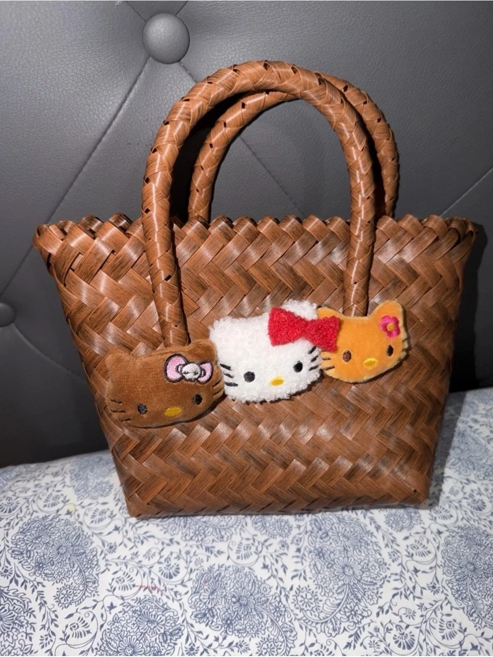 Hello Kitty Brown Woven Tote with Plush Character Charms